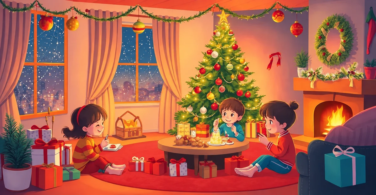 Children sharing gifts beside a Christmas tree