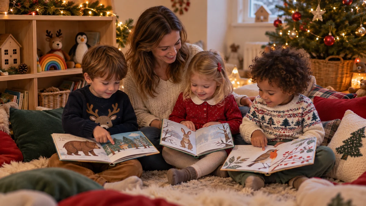 Children sharing picture books in a cosy reading corner
