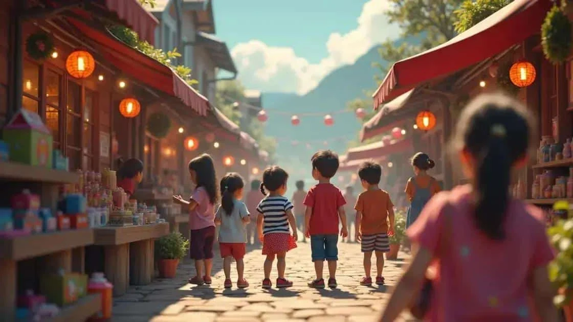 Children visiting a festive market street