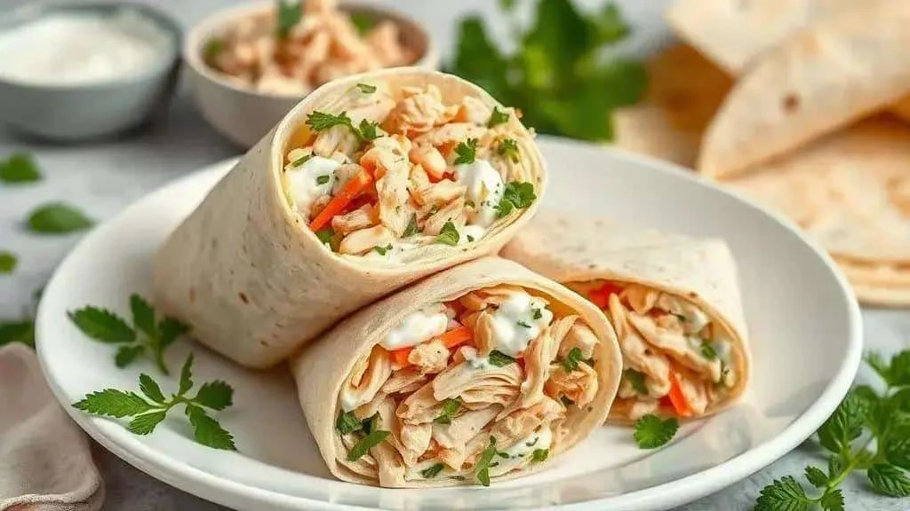 Chilled chicken and vegetable wraps with yoghurt dressing