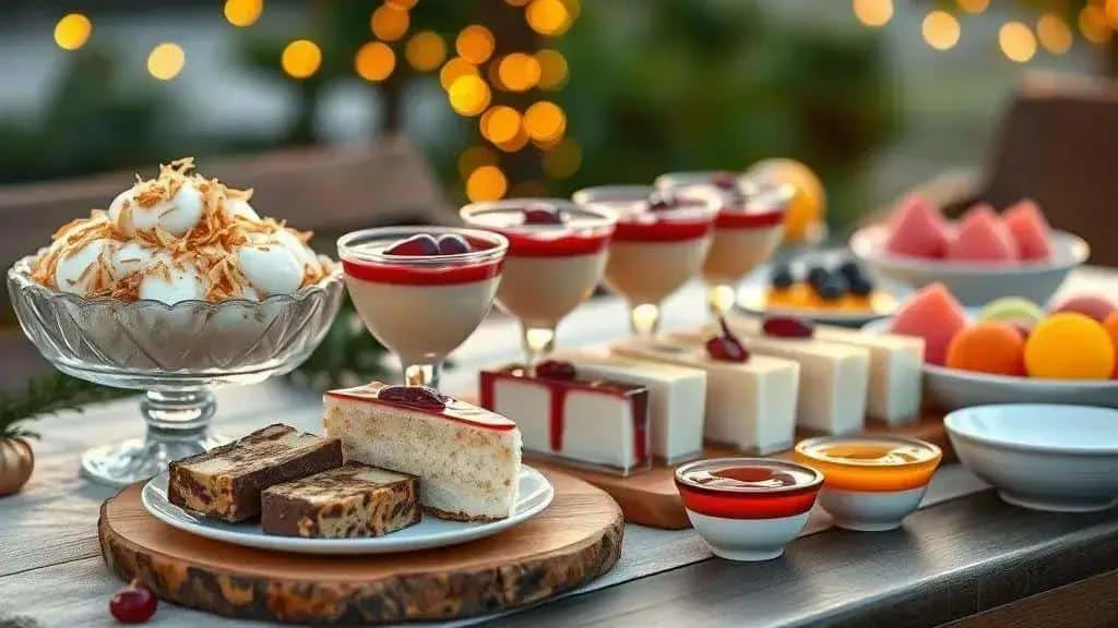 Chilled festive desserts with fruit, cream and coconut on a Christmas table