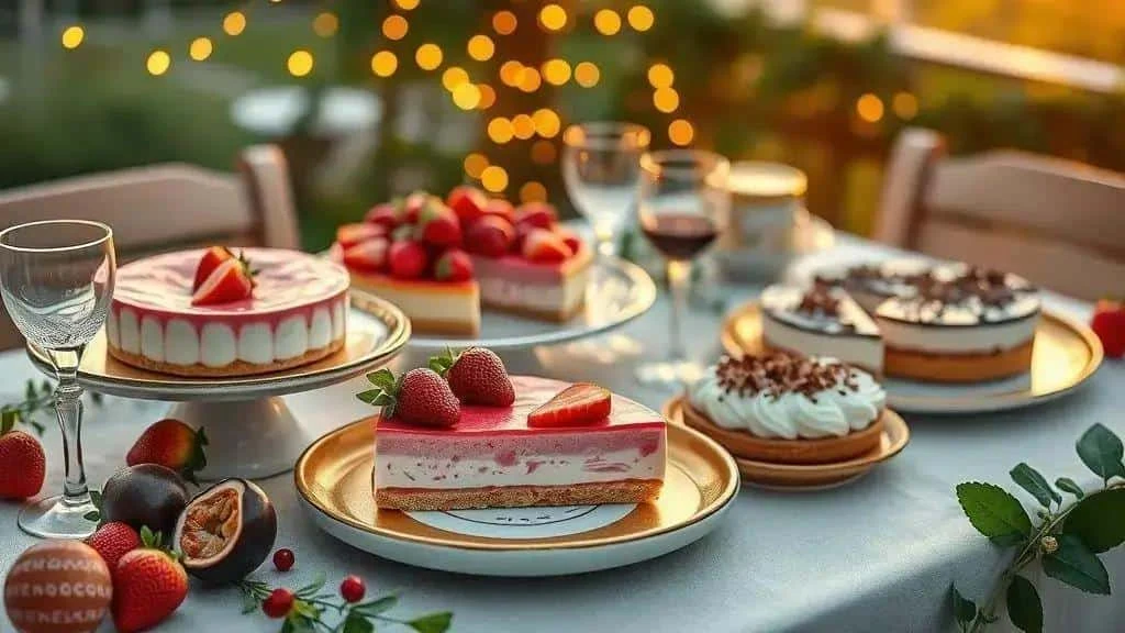 Chilled fruit and chocolate desserts on a festive table