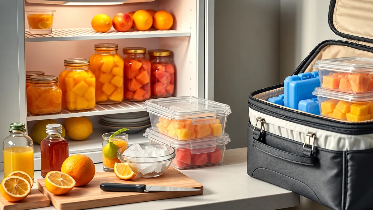 Chilled fruit containers being packed in a cool bag with ice packs