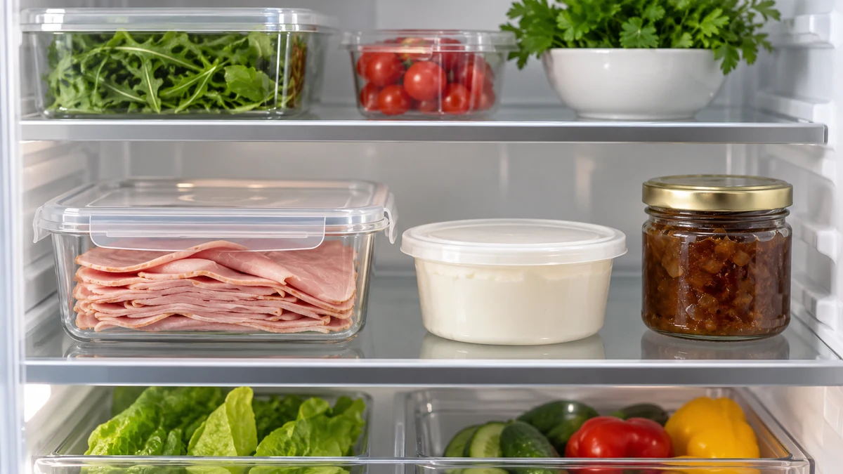 Chilled ham and cream cheese stored in covered containers