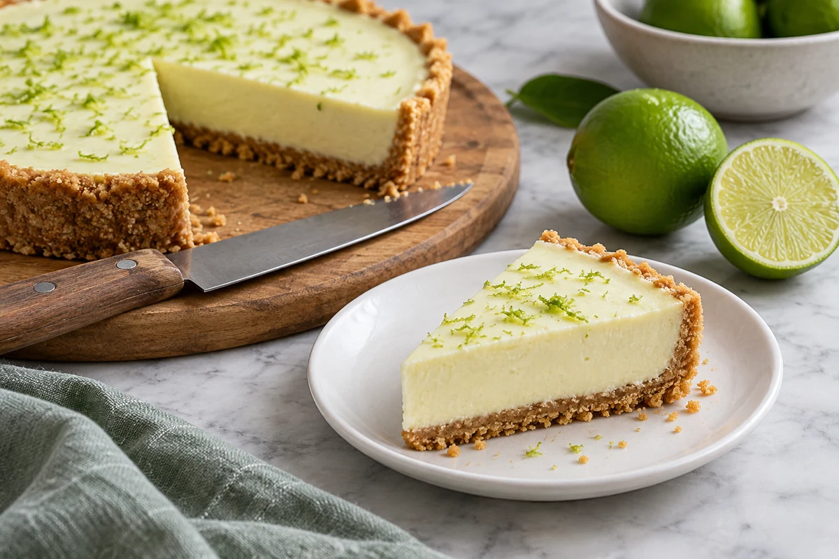 Chilled lime tart with a slice served on a plate Chilled lime tart with a slice served on a plate