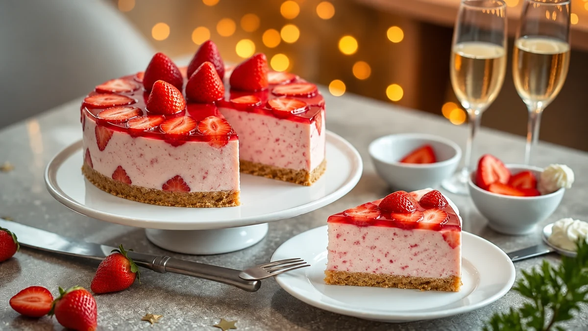 Chilled strawberry cheesecake and a slice on a festive table