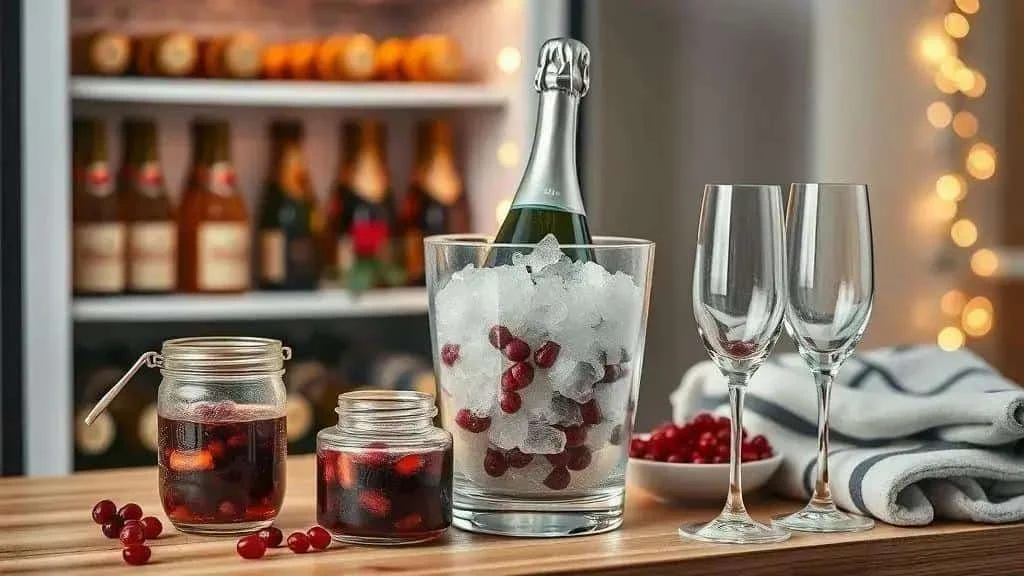 Chilling sparkling wine and preparing berry syrup Chilling sparkling wine and preparing berry syrup