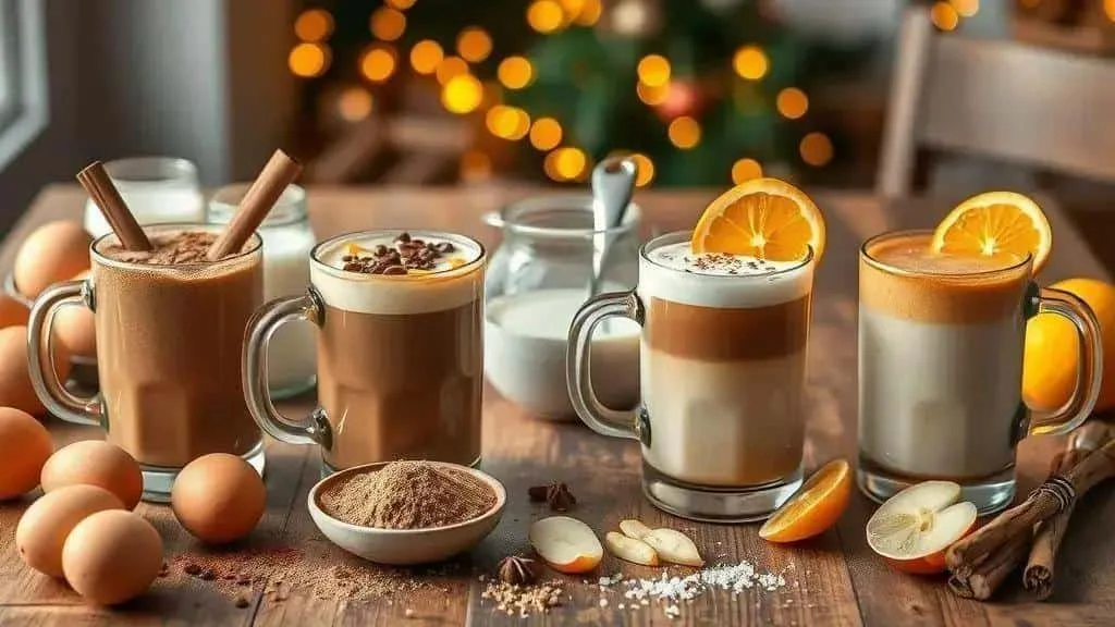 Chocolate and citrus eggnog variations in glass mugs