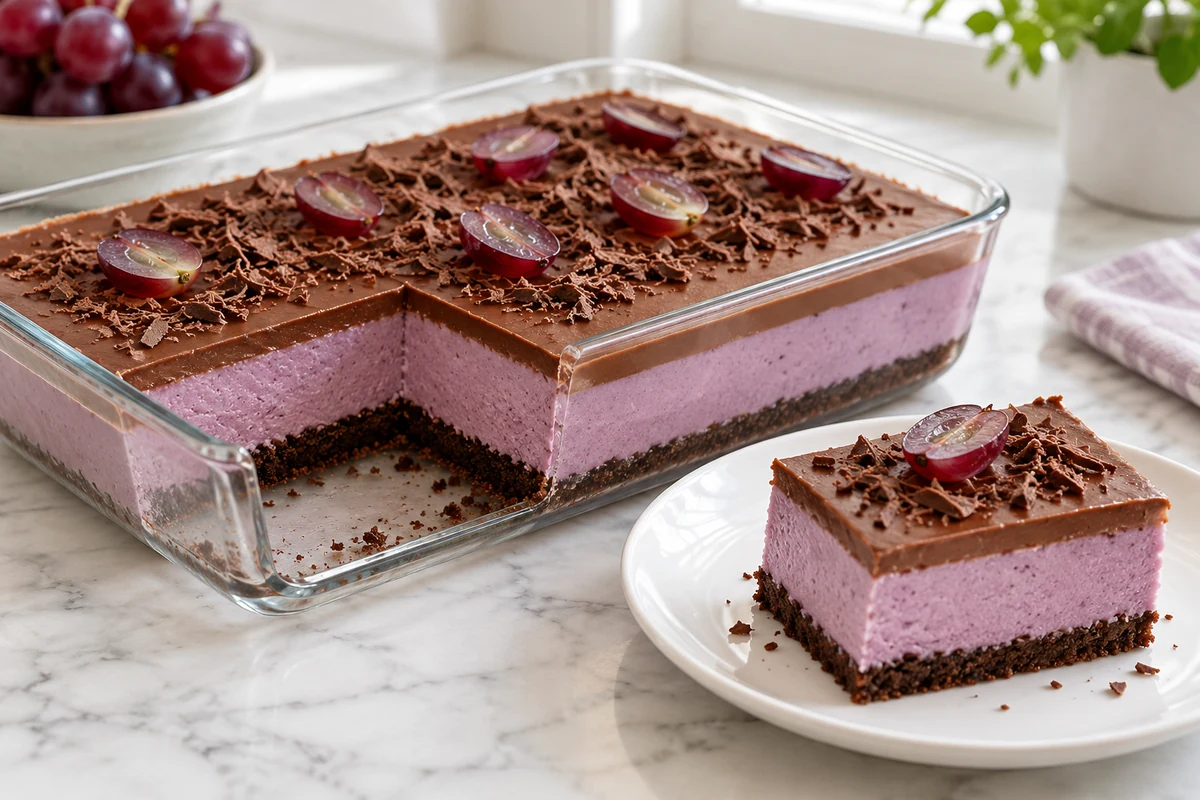 Chocolate and grape layered dessert in a glass serving dish