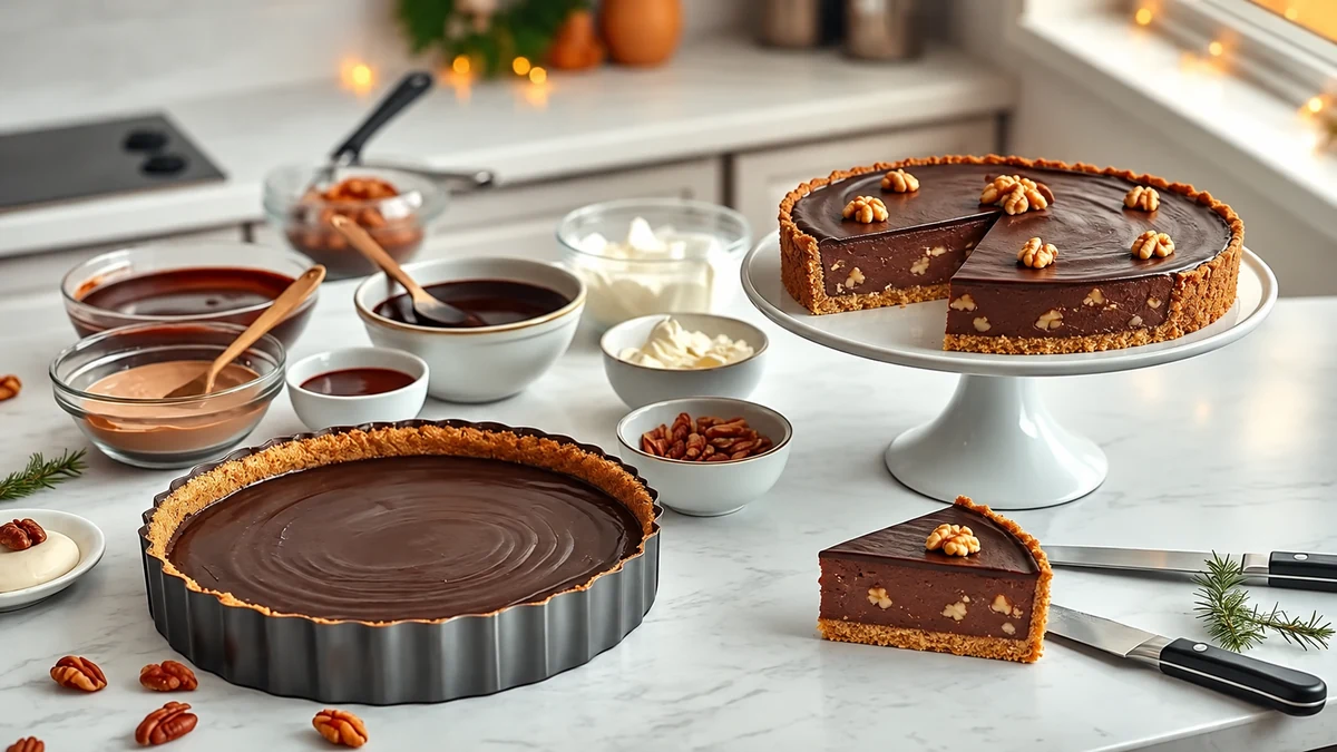 Chocolate and walnut tart with a biscuit base and ganache