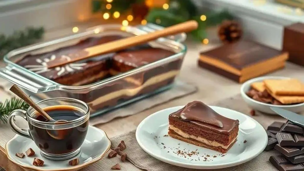 Chocolate biscuit pavé in a glass dish with an individual portion