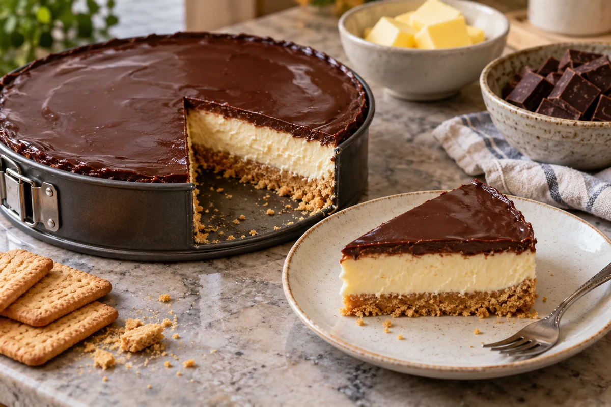 Chocolate biscuit tart with a pale cream filling and ganache topping