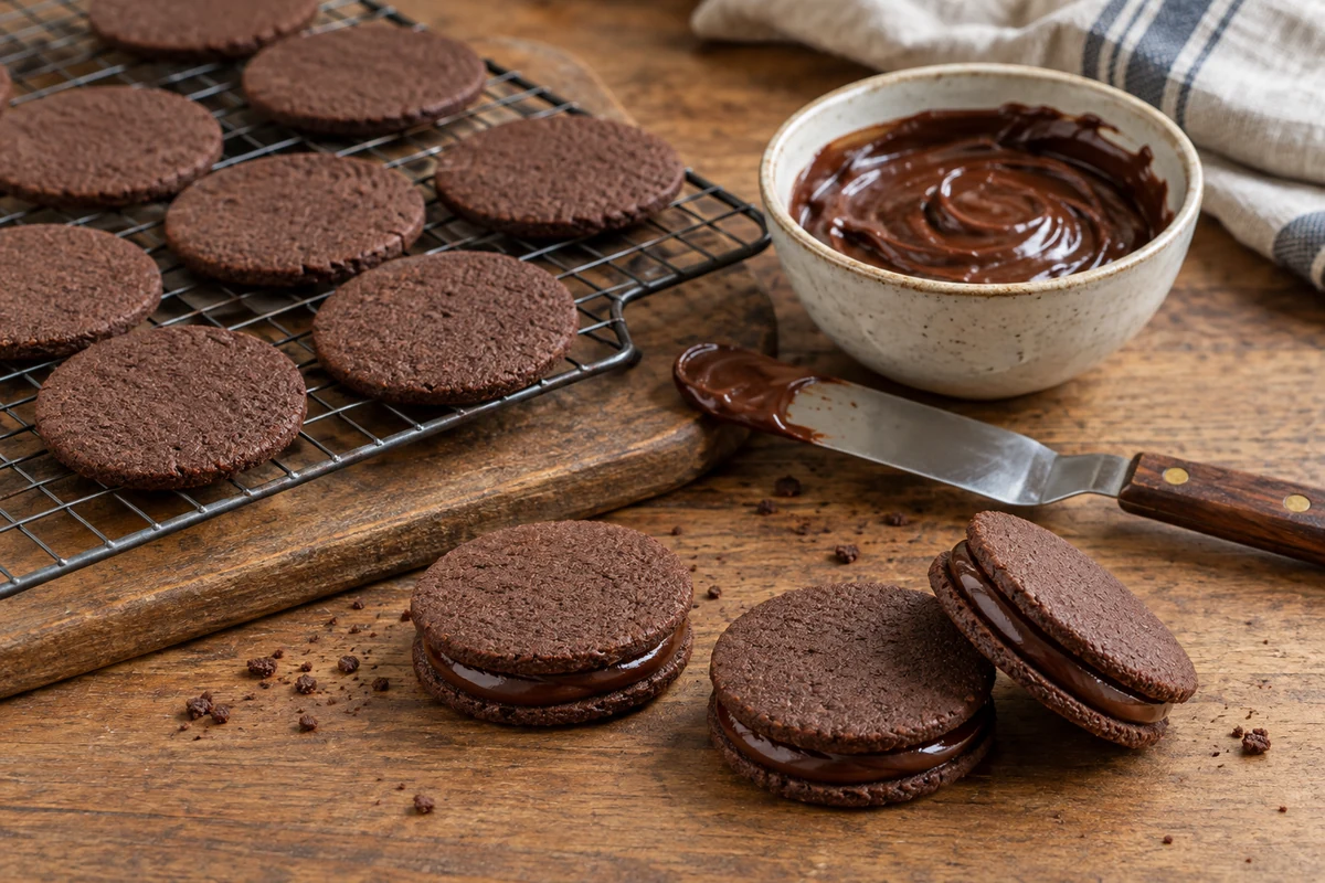 Chocolate biscuits beside ganache for sandwiching Chocolate biscuits beside ganache for sandwiching