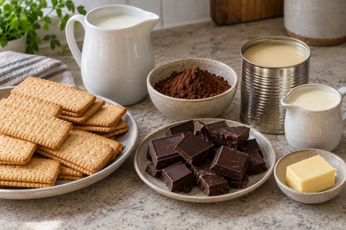 Chocolate, biscuits, milk and condensed milk for pavé