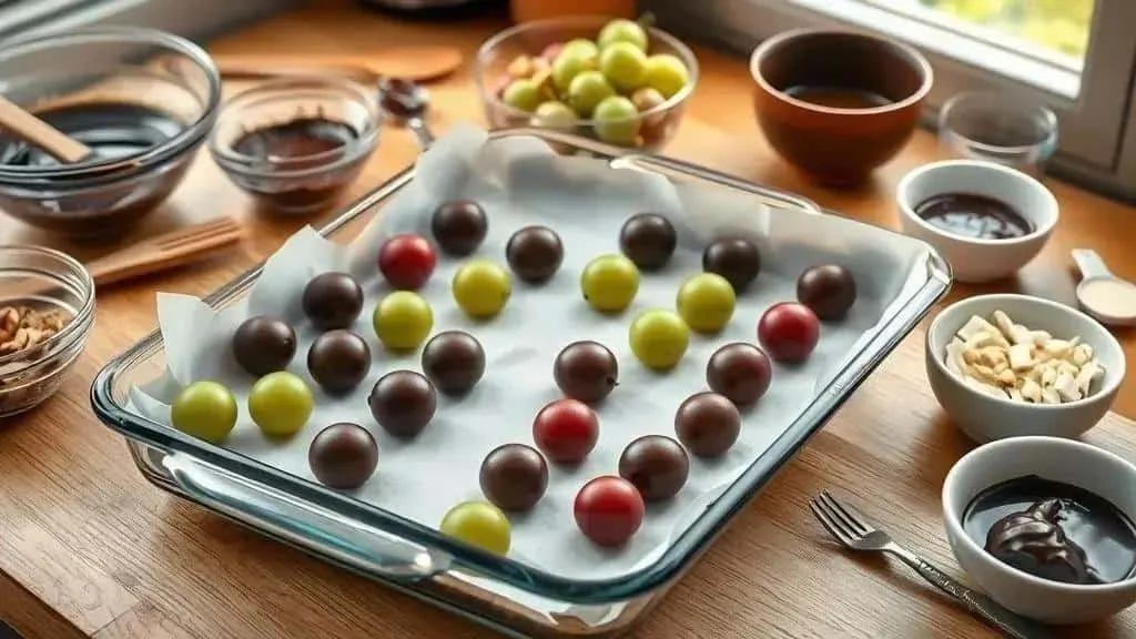 Chocolate-coated and plain grapes arranged on baking parchment Chocolate-coated and plain grapes arranged on baking parchment