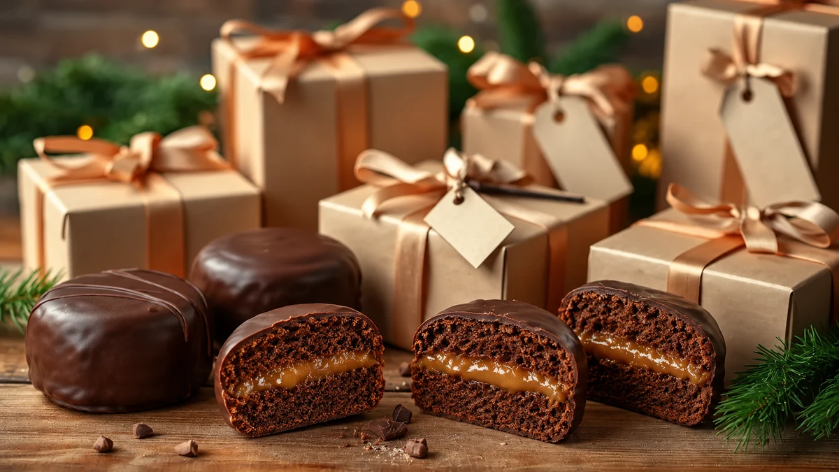 Chocolate-coated Brazilian honey cakes with caramel filling beside Christmas gift boxes Chocolate-coated Brazilian honey cakes with caramel filling beside Christmas gift boxes