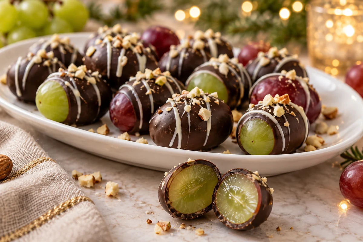 Chocolate-covered grape platter with a cut grape showing the fruit inside