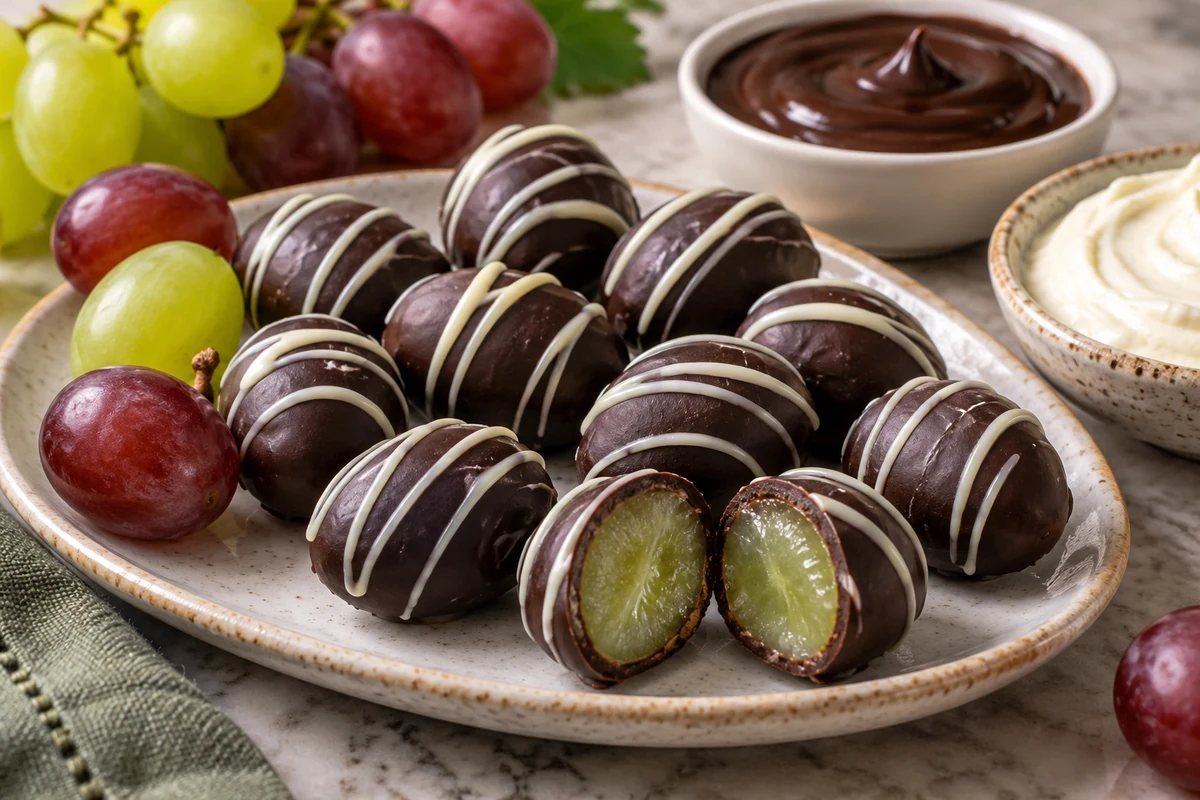 Chocolate-covered grapes with ganache dip and a real grape centre Chocolate-covered grapes with ganache dip and a real grape centre