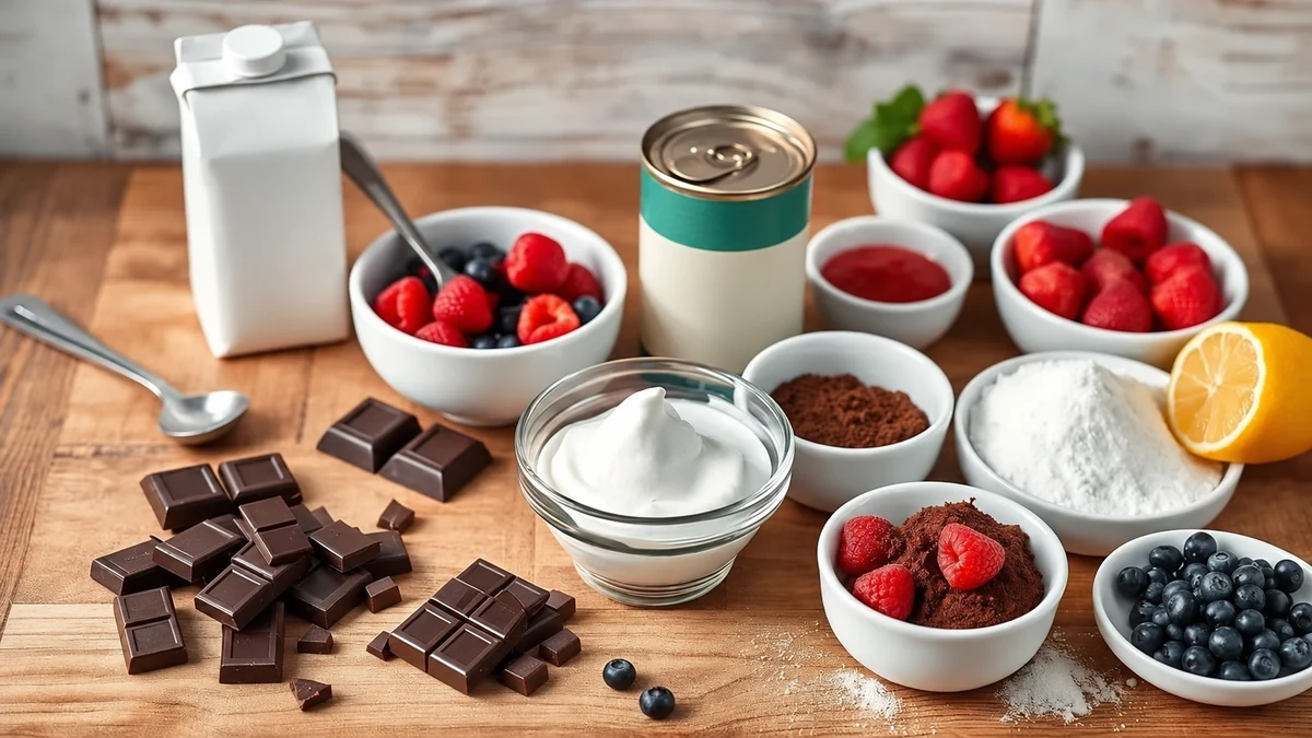 Chocolate, cream and berries for a chilled mousse dessert Chocolate, cream and berries for a chilled mousse dessert