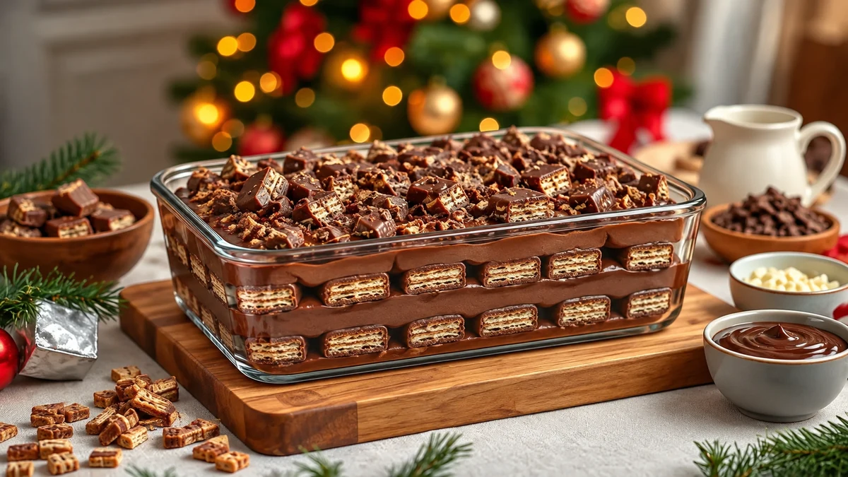 Chocolate cream dessert layered with chocolate-coated wafer pieces