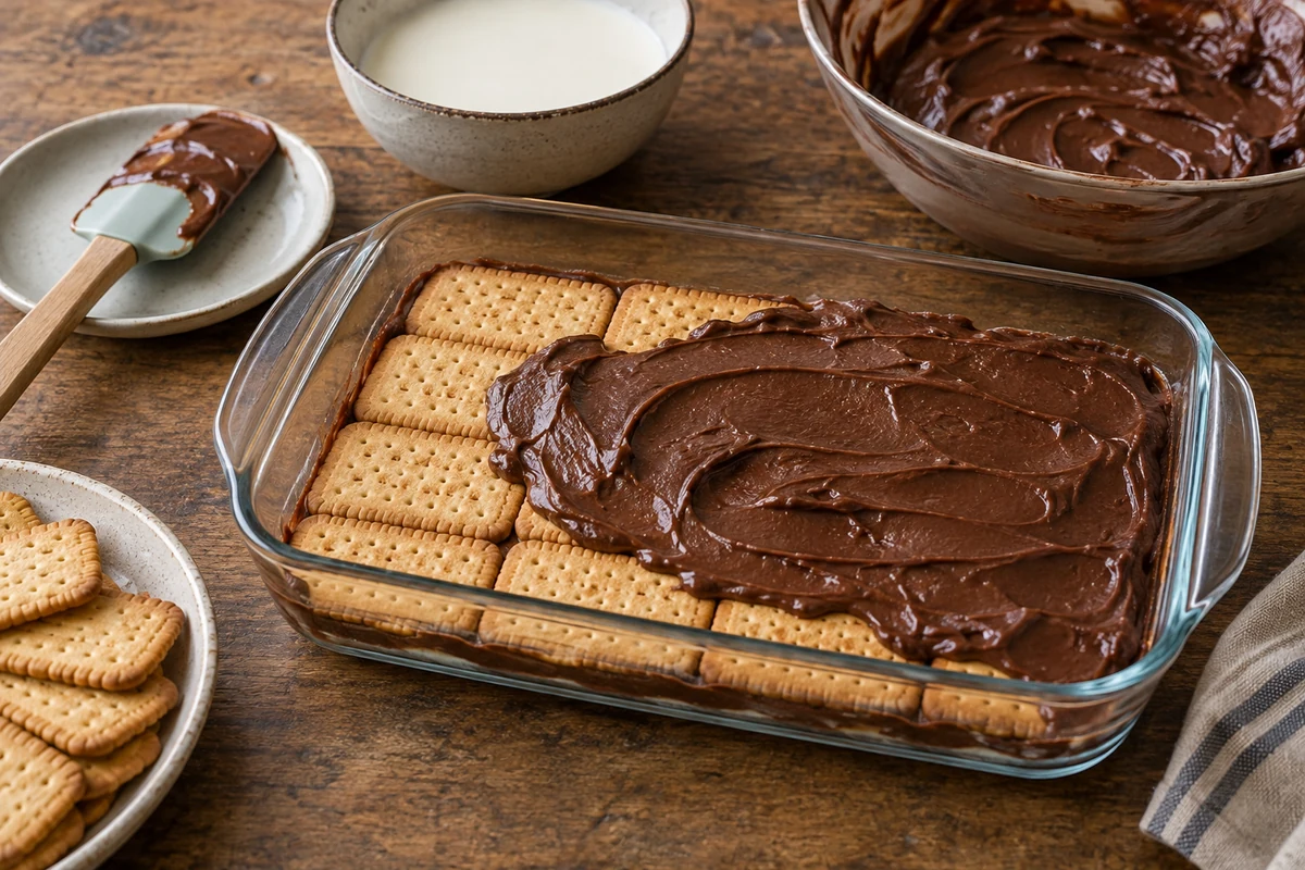 Chocolate cream spread over biscuits in a glass dish Chocolate cream spread over biscuits in a glass dish