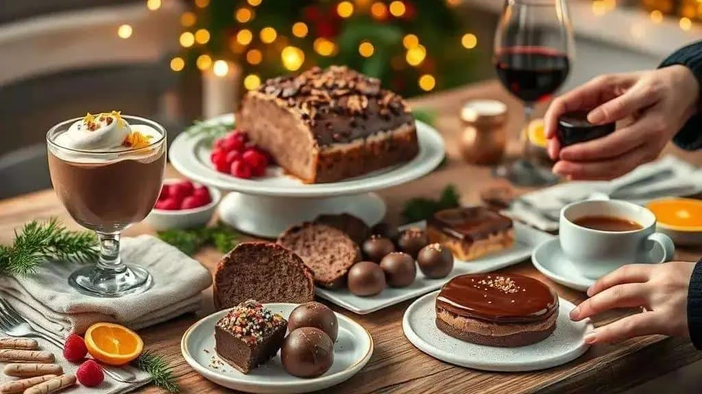 Chocolate desserts served with coffee and fruit on a festive table Chocolate desserts served with coffee and fruit on a festive table