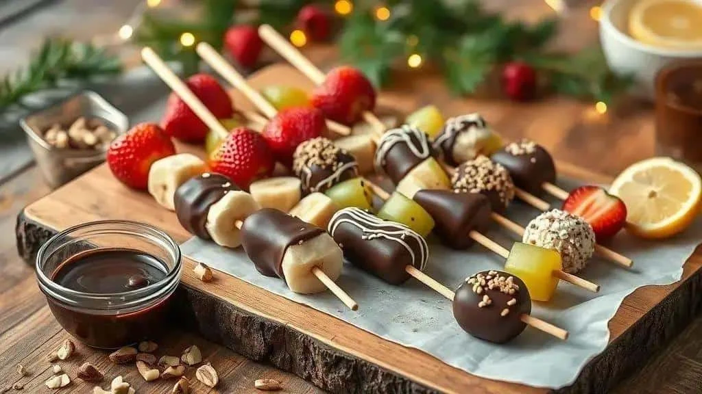 Chocolate dipped fruit skewers on baking paper