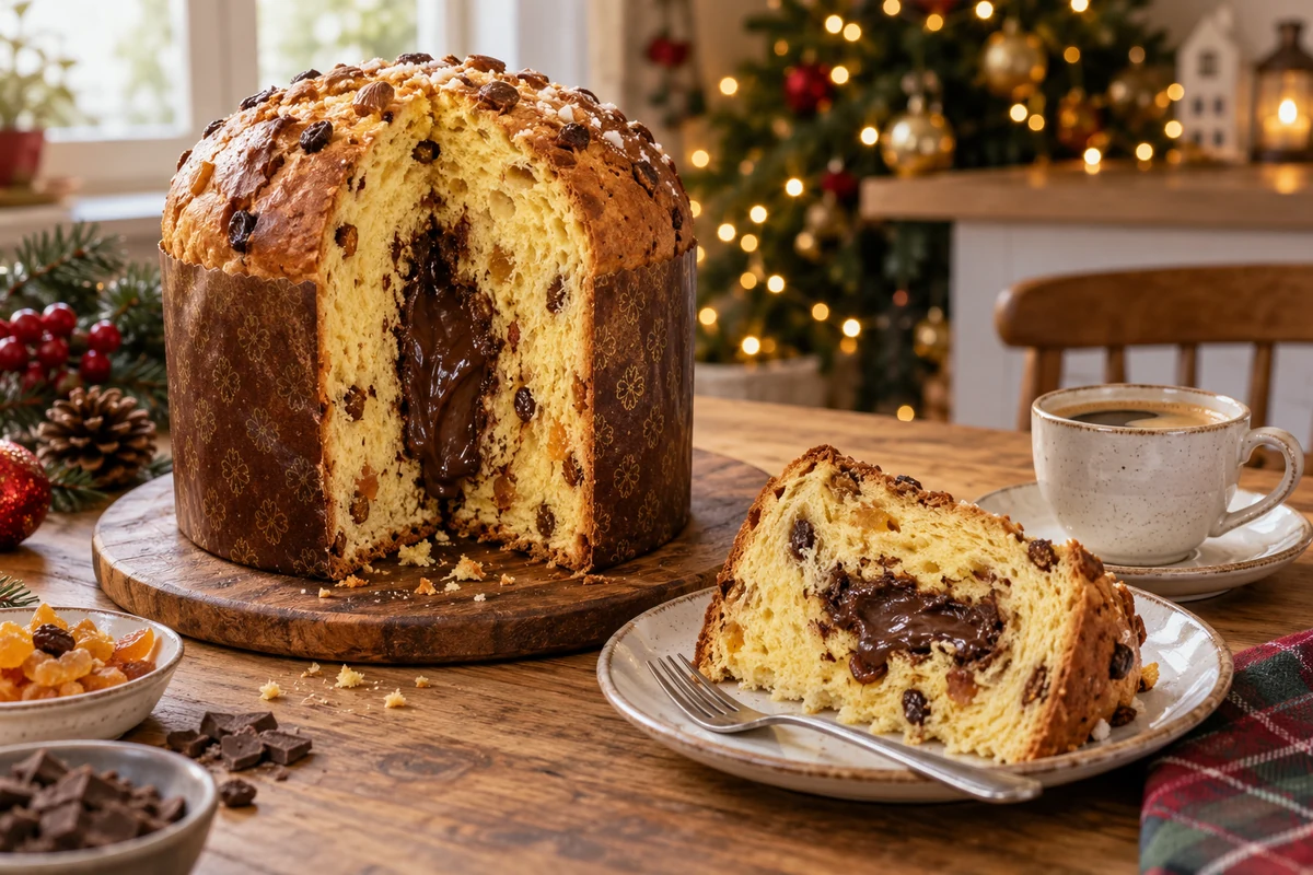 Chocolate-filled panettone served in slices with coffee