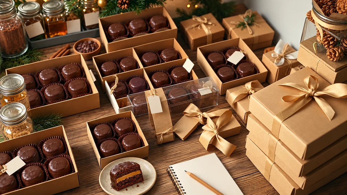 Chocolate honey cakes being packed in small Christmas gift boxes Chocolate honey cakes being packed in small Christmas gift boxes