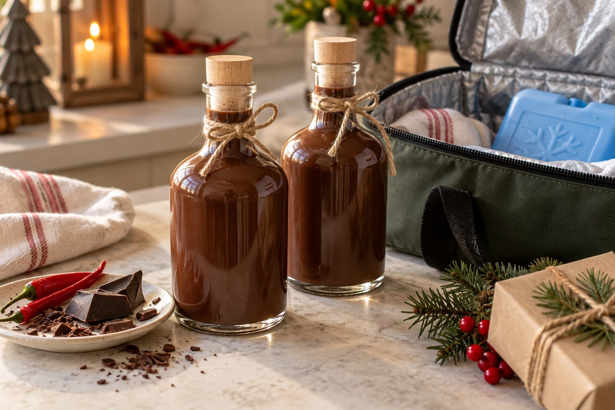 Chocolate liqueur gift bottles beside an insulated cool bag