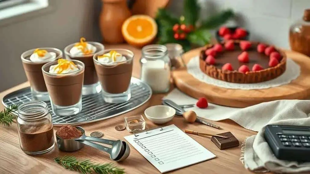 Chocolate mousse and tart beside a dessert planning checklist Chocolate mousse and tart beside a dessert planning checklist