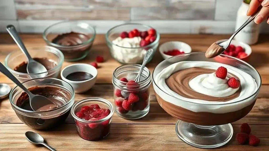 Chocolate mousse being finished with cream and raspberries Chocolate mousse being finished with cream and raspberries