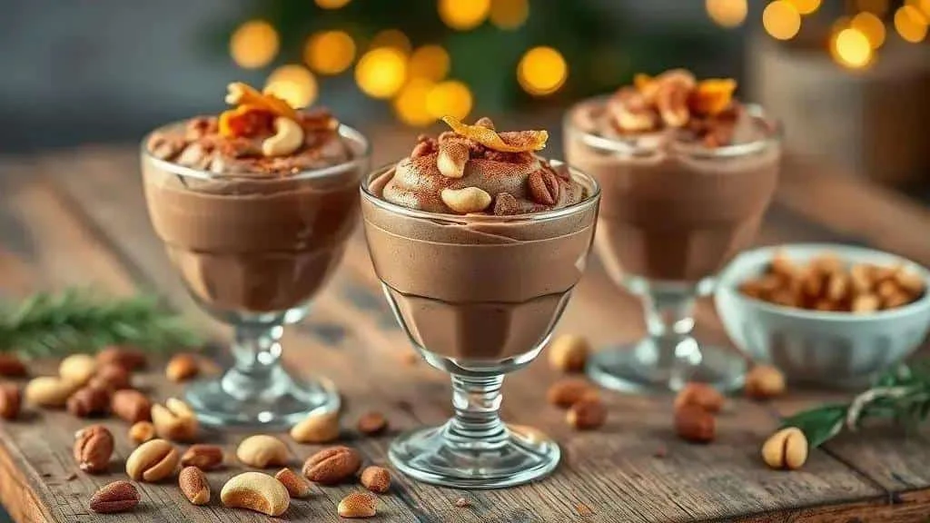 Chocolate mousse goblets topped with crunchy nut praline