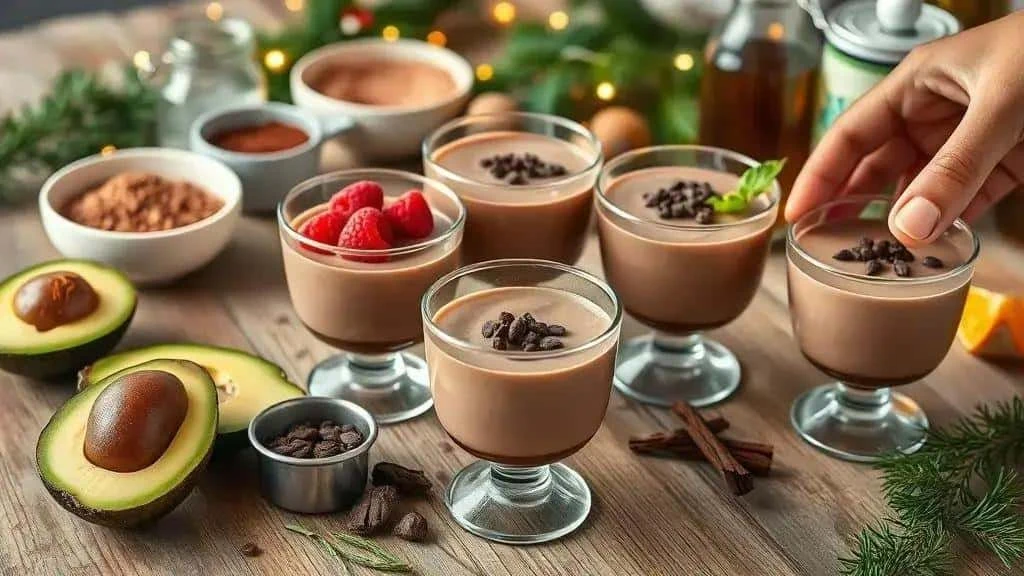 Chocolate mousse in glasses beside avocado halves and cocoa