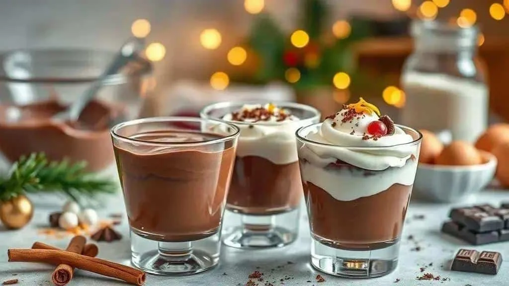 Chocolate mousse in glasses with cream and festive toppings Chocolate mousse in glasses with cream and festive toppings