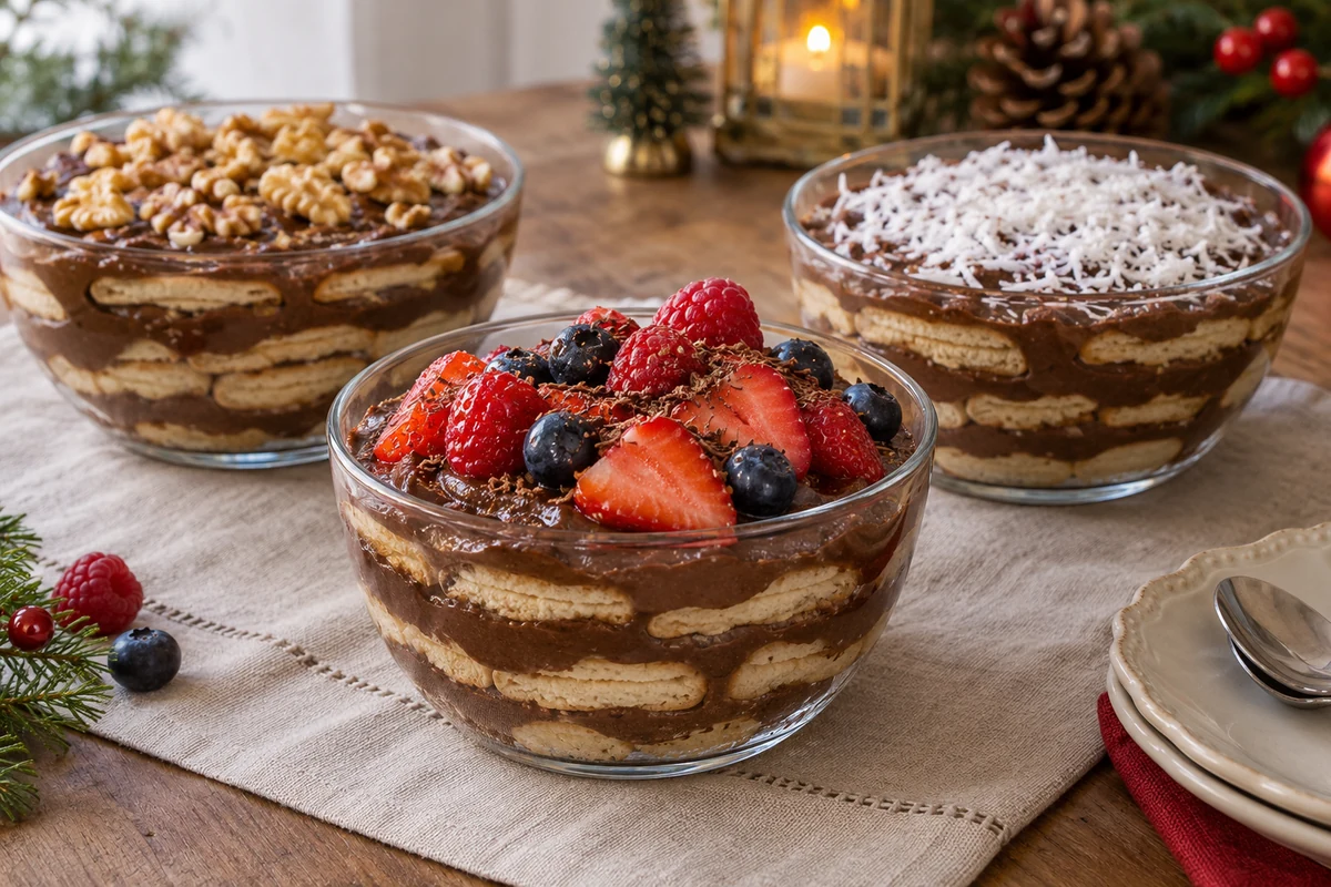 Chocolate pavé variations with berries, nuts and coconut