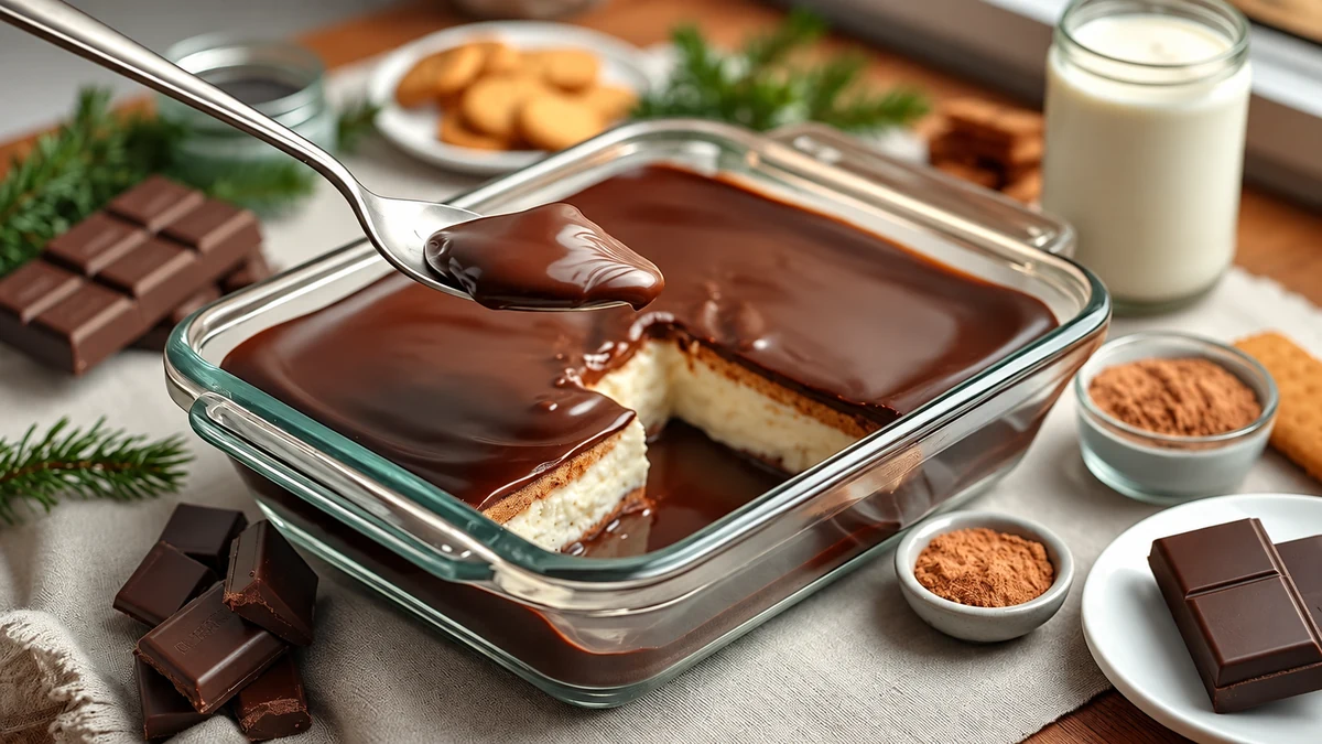 Chocolate pave with a smooth ganache topping in a glass serving dish