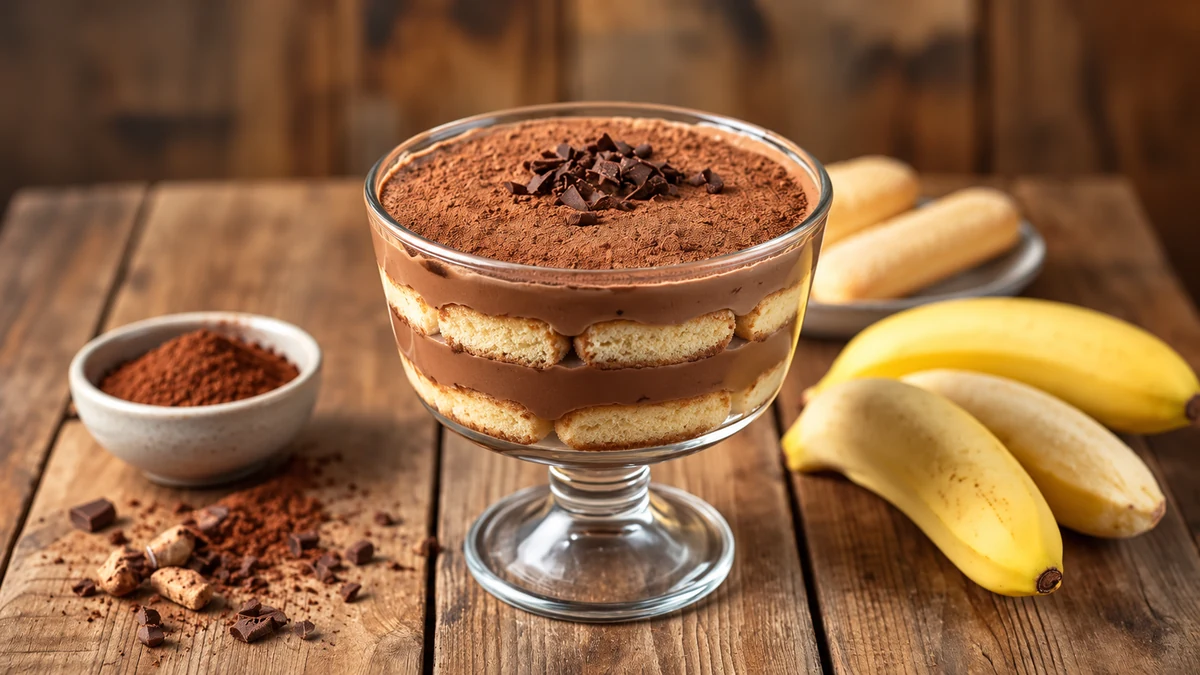 Chocolate pavê with sponge finger layers in a glass dessert bowl