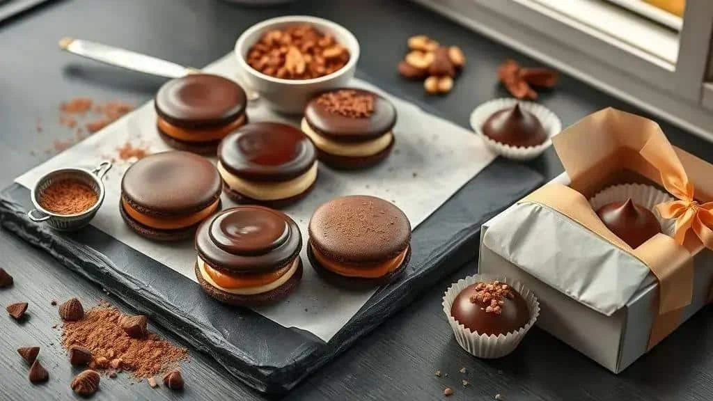 Chocolate sandwich biscuits arranged on a serving plate Chocolate sandwich biscuits arranged on a serving plate