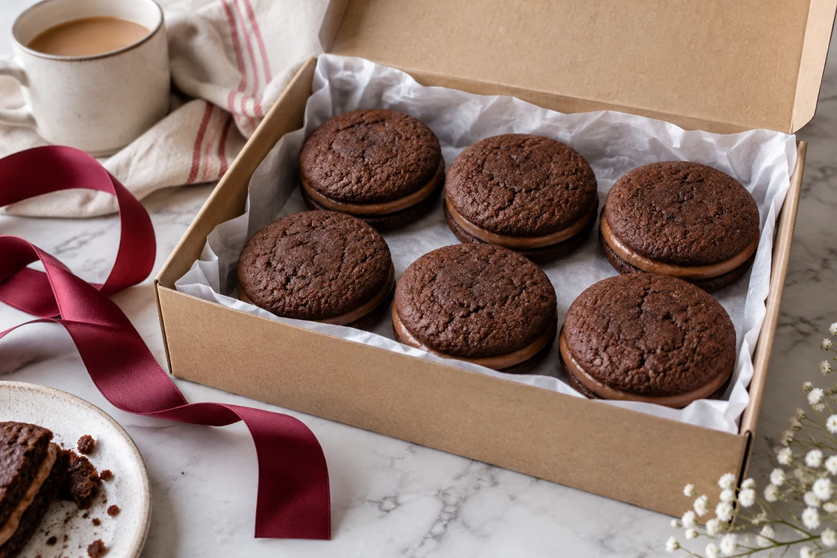 Chocolate sandwich biscuits in a gift box Chocolate sandwich biscuits in a gift box
