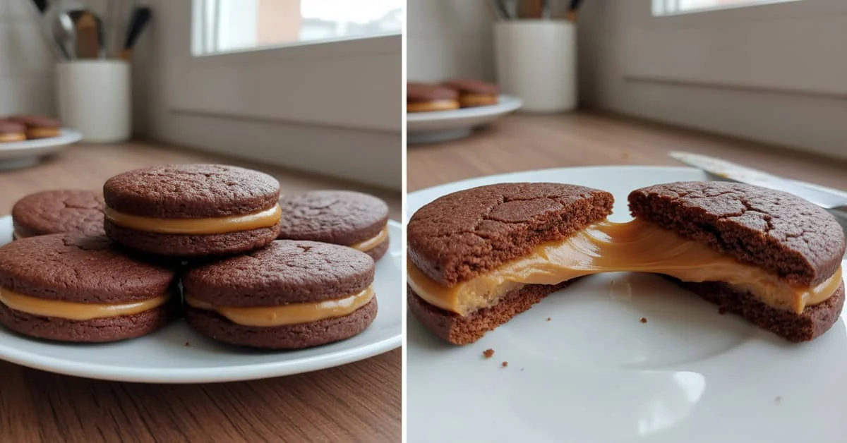 Chocolate sandwich biscuits with dark and caramel fillings