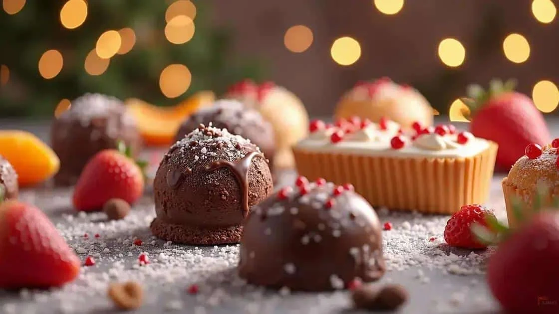 Chocolate sweets and fruit on a table
