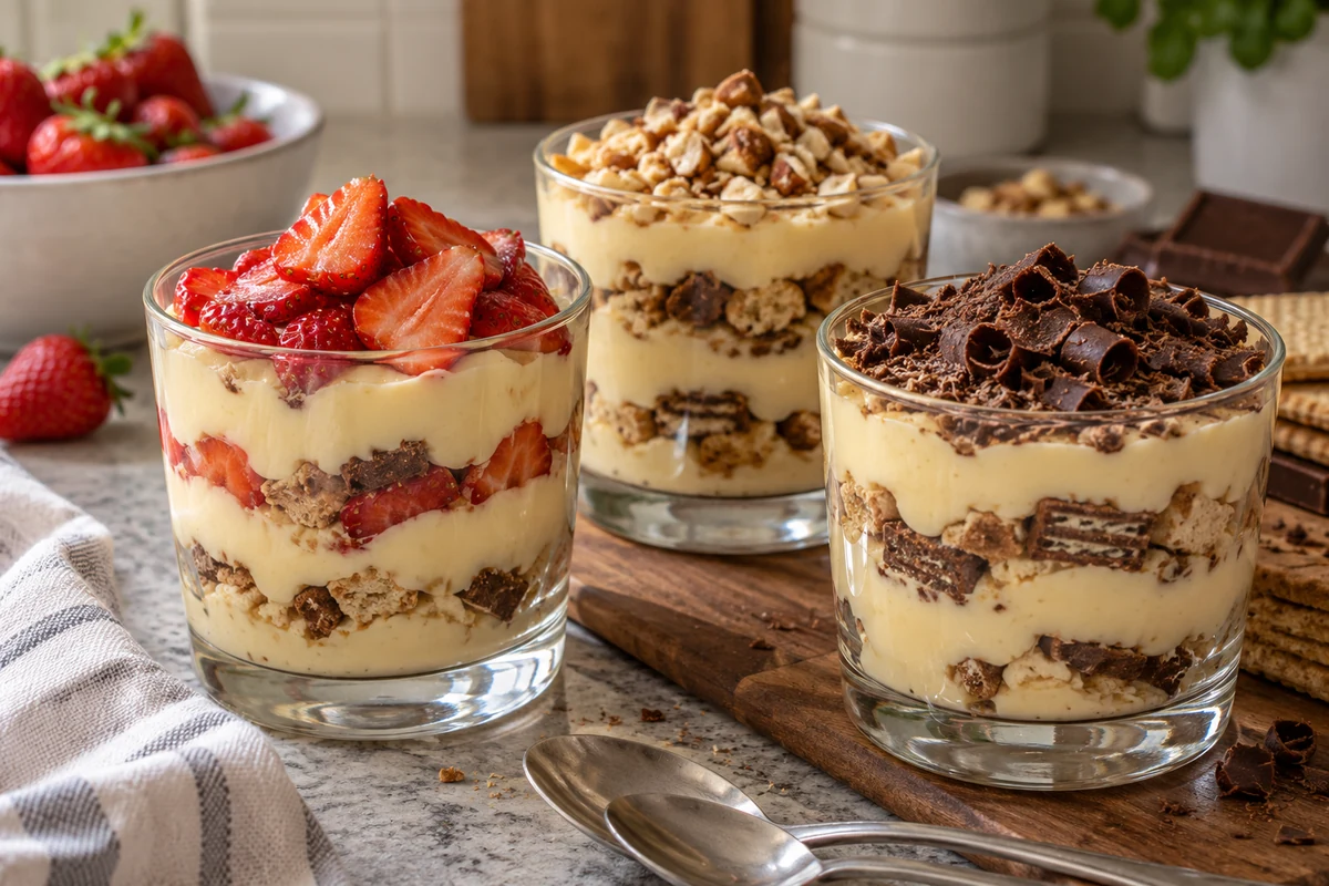 Chocolate wafer trifle variations with strawberries and nuts