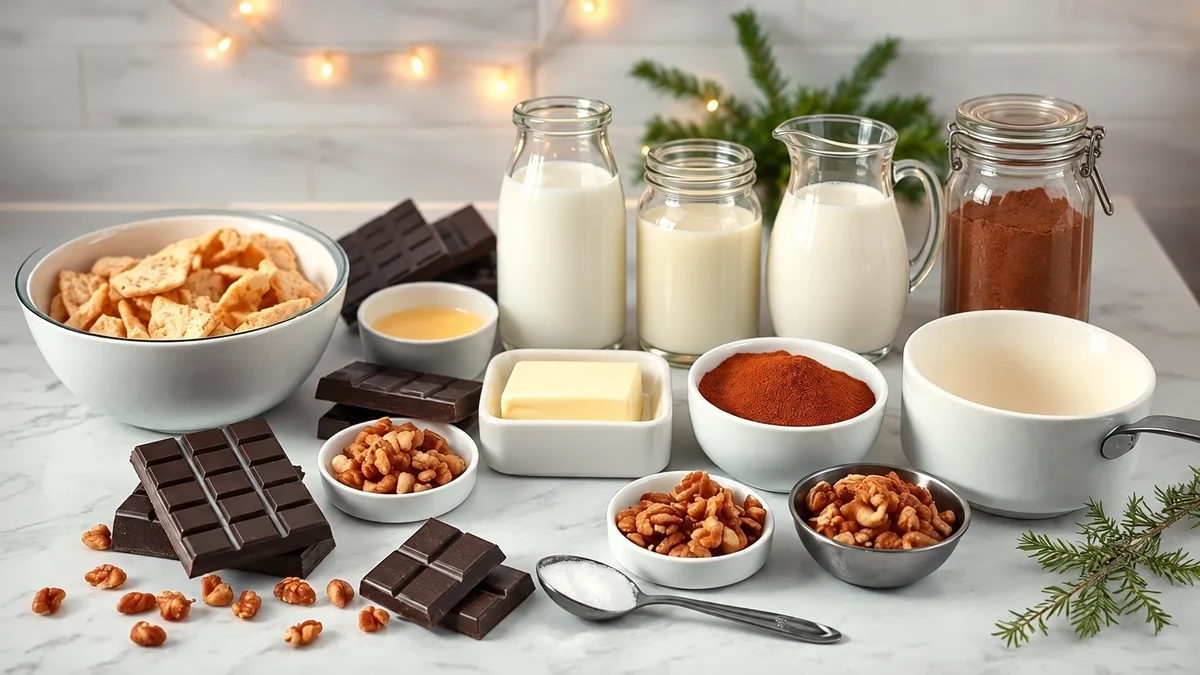 Chocolate, walnuts, cream and biscuits for a chilled tart