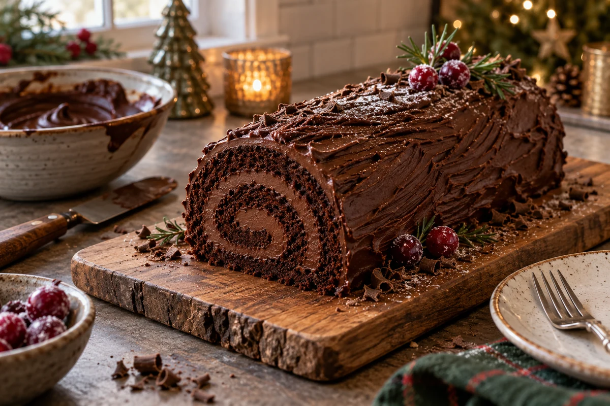 Chocolate Yule log decorated with textured ganache