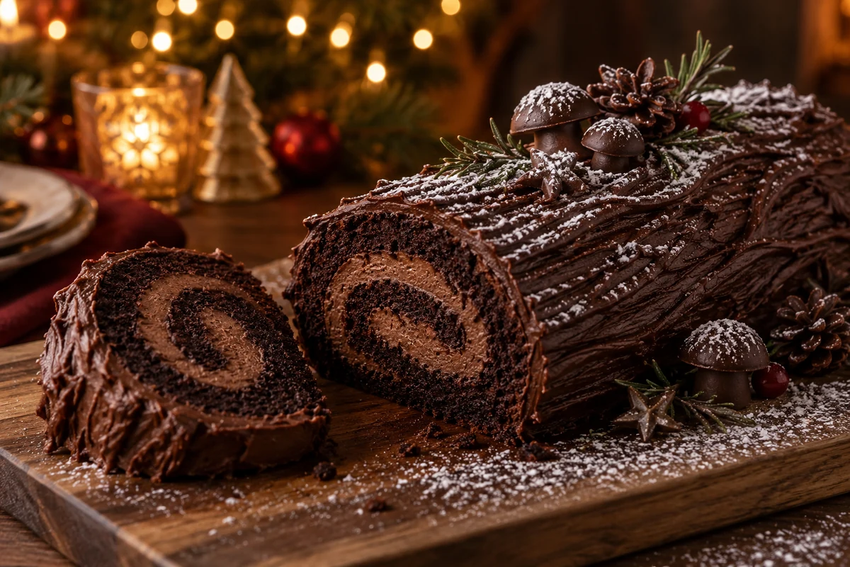 Chocolate Yule log showing cocoa sponge and ganache spiral
