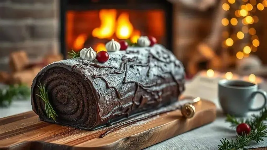Chocolate Yule log with meringues and berries