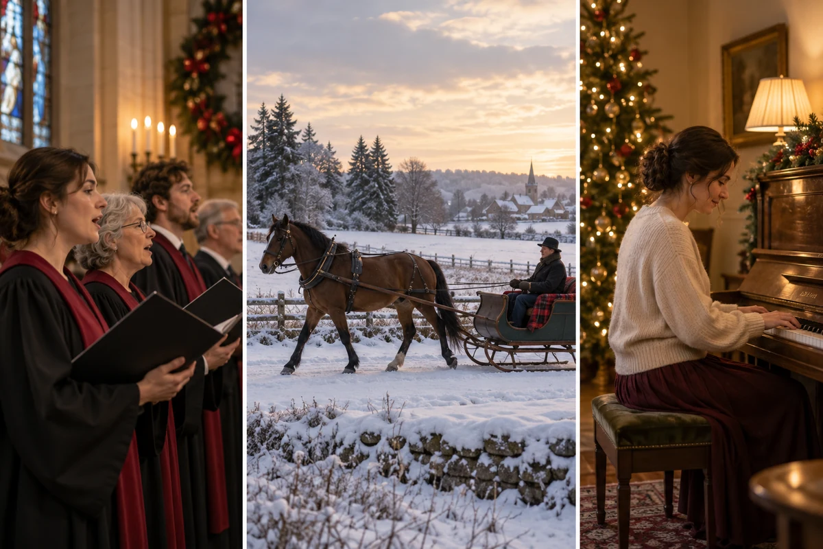 Choir sleigh ride and piano illustrating Christmas song themes