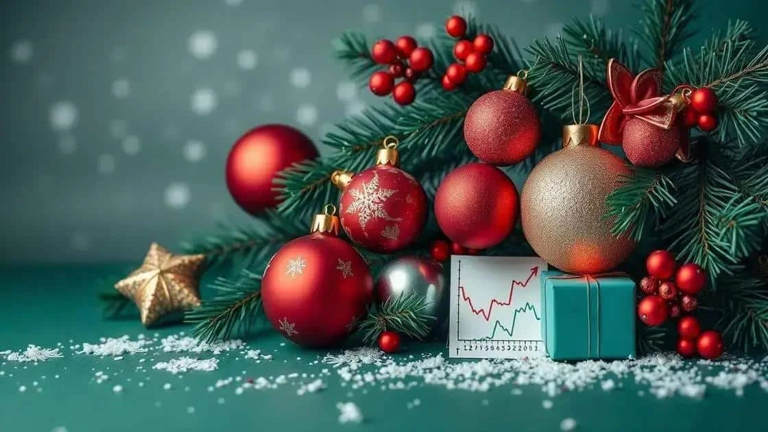 Christmas baubles and wrapped presents beside a small chart