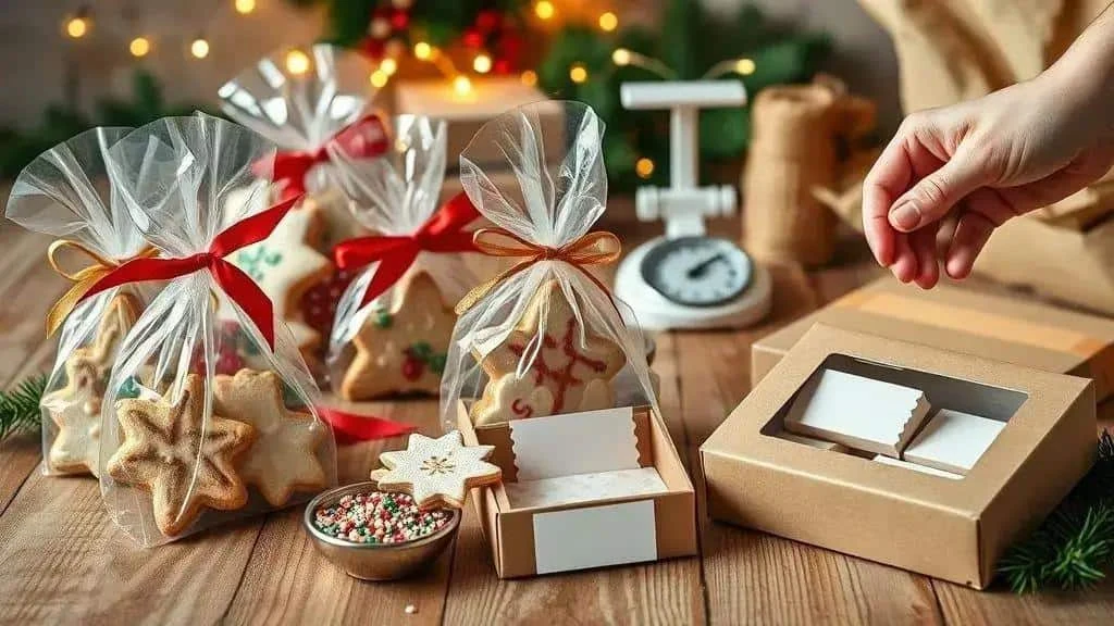 Christmas biscuits packed in gift bags and boxes